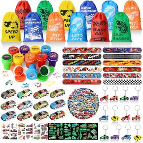 122 PCS Race Car Party Favors, Racing Birthday Party Favors with Pull Back Cars Drawstring Bags Slap Bracelet Keychain Stamper Tattoo Stickers, Racecar Theme Party Supplies Goodie Bag for Boys Kids