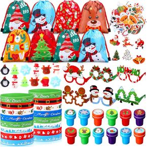 Blosssound 110 Pcs Christmas Party Favors Christmas Drawstring Backpack Xmas Stress Toys Bracelets Stampers Paper Glasses Stickers for Christmas Gifts Xmas Stocking Stuffers Xmas Party Supplies