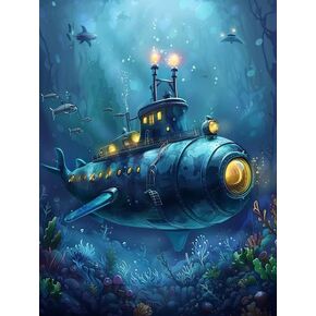 Zariocy 5D Diamond Art Kits for Adults Submarine, DIY Diamond Painting Art Ocean Round Full Drill Crystal Diamond Embroidery Paintings Arts Craft for Home Office Wall Decor 12x16 inch
