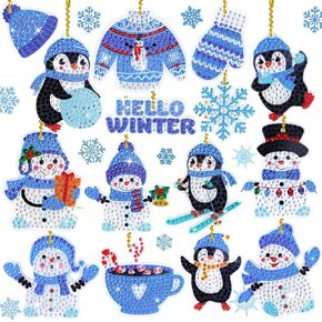 Whaline 15Pcs 5D Winter Diamond Drawing Keychain Kit DIY Handmade Blue Christmas Snowman Penguin Diamond Drawing Pendent Rhinestone Mosaic Making Full Drill Diamond Key Chain for Crafts