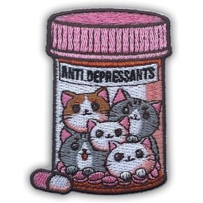 Anti-Depressant Patch, Size 3" Cute Cat Iron Patch or Sew On Patches for Backpacks Jeans Hats Clothes, Embroidery Patch, Embroidered Patch, Mental Health Sticker Patches, Gift for Cat Lovers