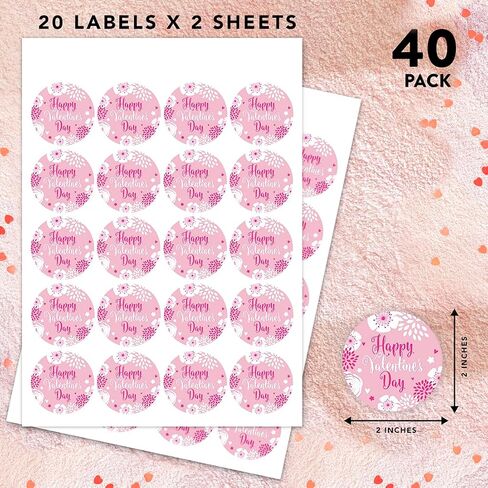 Andaz Press 2 Inch Round Valentine Flower Stickers, Large Pink Happy Valentines Day Stickers, Valentine Stickers, Happy Valentine's Day Labels, 40 Pack Valentines Day Stickers for Kids in Kuwait
