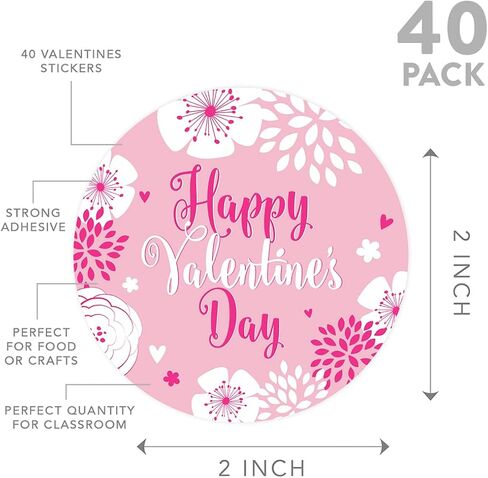 Andaz Press 2 Inch Round Valentine Flower Stickers, Large Pink Happy Valentines Day Stickers, Valentine Stickers, Happy Valentine's Day Labels, 40 Pack Valentines Day Stickers for Kids in Kuwait
