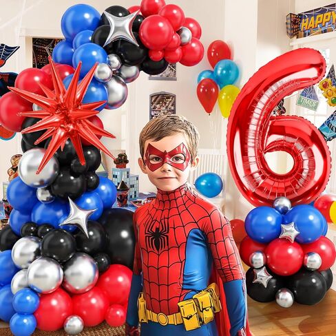 Spider 3rd Birthday Decorations for Boys, Royal Blue Black Red Silver Balloon Garland Arch Kit with 40 Inch Red Number 3 Balloon Tower, Spider 3rd Birthday Balloons for Kids Superhero Theme Party in Saudi Arabia