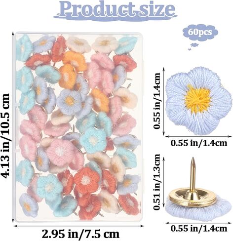 Flower Tacks Decorative Pushpins, 60PCS Bulletin Board Flowers Thumb Tacks Decorative Florest Push Pin, Embroidered Flower Push Pins for Cork Board Bulletin Board Photo Wall Map Home Office in Saudi Arabia