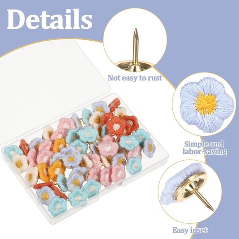 Flower Tacks Decorative Pushpins, 60PCS Bulletin Board Flowers Thumb Tacks Decorative Florest Push Pin, Embroidered Flower Push Pins for Cork Board Bulletin Board Photo Wall Map Home Office in Saudi Arabia