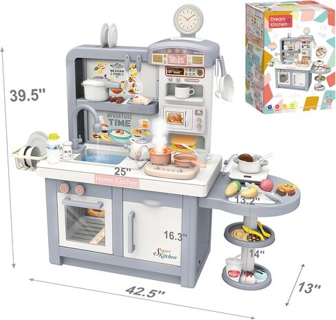 Elevon Pretend Play Kitchen Toy Set for Kids, Interactive Playset with Lights and Sounds, for Toddlers 3+ Years Old, 49 Piece Toy Accessory Set with Cooking Stove, Sink, Play Food, Realistic - Gray in Saudi Arabia