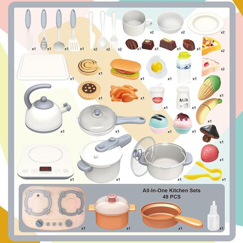Elevon Pretend Play Kitchen Toy Set for Kids, Interactive Playset with Lights and Sounds, for Toddlers 3+ Years Old, 49 Piece Toy Accessory Set with Cooking Stove, Sink, Play Food, Realistic - Gray in Saudi Arabia