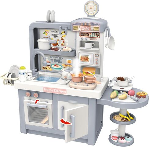 Elevon Pretend Play Kitchen Toy Set for Kids, Interactive Playset with Lights and Sounds, for Toddlers 3+ Years Old, 49 Piece Toy Accessory Set with Cooking Stove, Sink, Play Food, Realistic - Gray in Saudi Arabia
