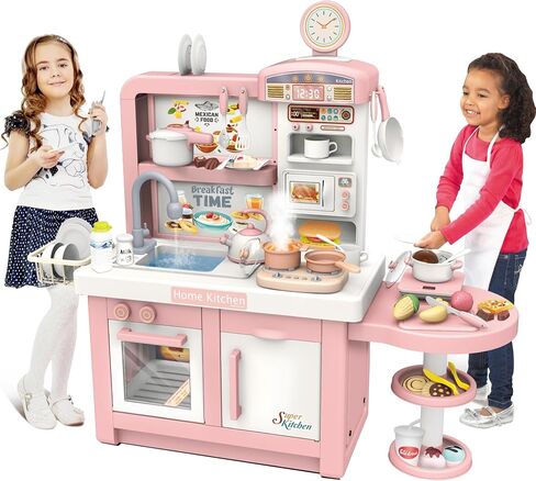 Elevon Pretend Play Kitchen Toy Set for Kids, Interactive Playset with Lights and Sounds, for Toddlers 3+ Years Old, 49 Piece Toy Accessory Set with Cooking Stove, Sink, Play Food, Realistic - Gray in Saudi Arabia