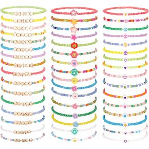 48 Pcs Kids Friendship Bracelet Set,Colorful Adjustable Beaded Bracelets,Cute Stretch Preppy Bracelets,Stackable Clay Surfer Bracelets Set,Pretend Play Beaded Bracelets for Girls Women