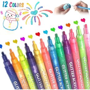 Glitter Marker Pens 12 Colors Metallic Shimmer Marker For Kids Adults DIY Greeting Cards Birthday Cards Posters Albums Scrapbooking Mugs Wood scrawl (3mm)