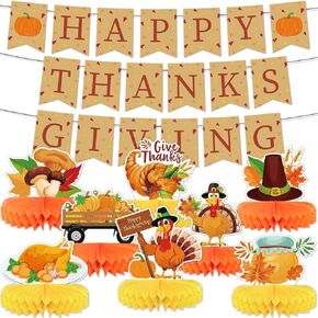 10pcs Thanksgiving Table Decorations Thanksgiving Honeycomb Centerpiece Party Decoration Thanksgiving Banner Set Fall Table Decor Turkey Pumpkin Truck for Autumn Theme Thanksgiving Party