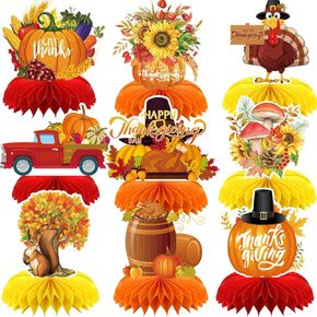 Thanksgiving Decorations, 9 Pack Thanksgiving Table Decorations, Honeycomb Fall Table Centerpieces for Thanksgiving Party, Harvest Themed Décor with Pumpkin, Turkey, Squirrel, Truck, Mushroom