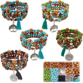 SUNNYCLUE 1 Box 4 Sets Bracelet Making Kit Tree of Life Charms Tree Charm Bohemian Multi Strand Bracelets Wood Spacer Bead Lucky Turquoise Beads for Jewelry Making Kits Adults DIY Craft Supplies