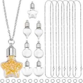 SUNNYCLUE 36Pcs Vial Necklace Kit Glass Vial Necklaces Bulk Glass Bottle Necklace Empty Clear Vial Necklace Heart Star Glass Vials for Jewelry Making Kits Memorial Keepsake Perfume Hair Mud Supplies