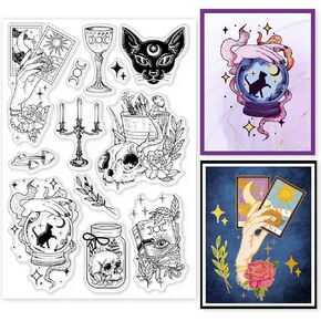 GLOBLELAND Witchcraft Magical Clear Stamps for DIY Scrapbooking Journals Decorative Cards Making Halloween Magic Cat Silicone Clear Stamp Seals for Halloween Witch's Day