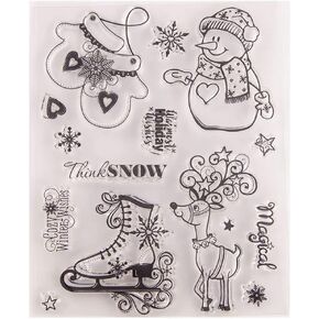 Snow Winter's Wishes Holiday Wishes Snowman Snowflakes Deer Elk Gloves Rubber Stamps Clear Stamps for Christmas Card Making Decoration and DIY Scrapbooking Rubber Stamps for Crafts