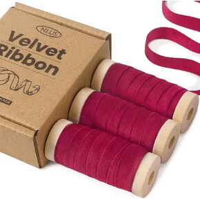 NLUS Christmas Velvet Ribbon Set 3/8" x 15 Yd with Wooden Spool for Christmas Tree Decoration Gift Wrapping Handmade Craft Ornaments Bow Making (3 Rolls x 5Yd) (White+Red+Green)