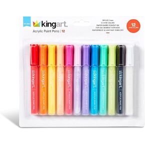 KINGART 455-12 PRO Medium Pt. Essential Colors Paint Pens, 2mm Tip, 12 Acrylic Paint Colors, Low-Odor, Quick Drying Paint Markers for Rock, Wood, Metal, Plastic, Glass, Canvas & More, Set of 12