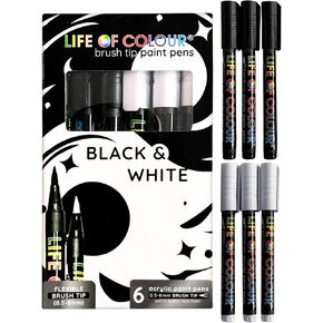 Paint Pens - Set of 6 Black and White Brush Tip Acrylic Paint Pens, the Ultimate Contrast Pack for Mandala Art, Rock Painting, Ceramics and Calligraphy - Permanent and Waterproof Pens