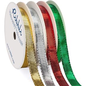 Ribbli Christmas 4 Rolls Metallic Glitter Ribbon, 5/8 Inch Total 40 Yards, Christmas Ribbon Use for Christmas Gift Wrapping, Christmas Craft and Decoration, Gold/Silver/Red/Green