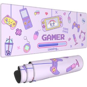 Kawaii Gaming Purple Pink Retro 90s Gamepad Mouse Pad XL Extended Mouse Mat Non Slip Rubber Base Stitched Edge Gaming Pc Large Mice Pad 31.5 X 11.8 Inch