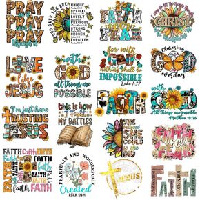 18PCS Small Size Jesus God Iron On Decals Thermal Transfer Stickers for Clothing Heat Press Decoration Appliqued，for T-Shirts Backpack Faith Iron On Transfers Vinyl Heat Press Sticker Design