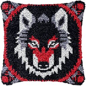 Latch Hook Kits Pillow Cover for Beginner Animals. Wolf Color Printed Canvas Yarn Crocheting Carpet Cushion Embroidery Hook and Latch Pillowcase Sofa Decoration 43x43cm 4