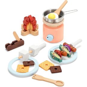 Wooden Camping Toys, Pretend Play Toys Campfire with Kids Grill Playset, 25pcs Kids Play Food Toy Set, Outdoor Play Toys for Toddler Boys and Girls Ages 3+