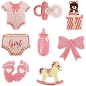 8PCS Baby Girl Iron on Patches, Pink Cartoon Infant Pacifier Bottle Embroidered Patches for Clothes, Custom Gift Footprint Applique for Girls, Hats, Jeans, Jackets, Bags, Backpacks, Dress