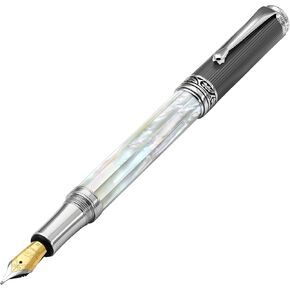 Xezo Maestro Handmade Fountain Pen, Medium Nib. Iridescent Oceanic Origin White Mother of Pearl with Diamond-Like Carbon PVD. Serialized, No Two Pens Alike