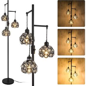 Dimmable Crystal Floor Lamp, Industrial Farmhouse Lamps for Living Room, 3-Light Black Standing Lamp Bedroom, Modern with 3 Lampshades, Rustic Tall Tree 64inch, E26