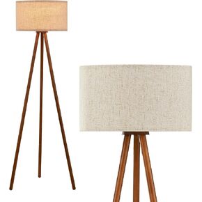 BTP Wood Tripod Floor Lamp for Living Room, 3 Color Temparature Bulb Included, Mid Century Modern Wooden Floor lamp with Linen Shade for Bedroom, Office, ETL Listed Walnut Wood Color
