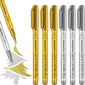 Metallic Marker Pens, Silver and Gold Paint Pens for Artist Illustration, Crafts, Adult Coloring, Black Paper, Scrapbooking, Fabric, DIY Photo Album, Set of 6