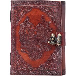 Twin Dragon Embossed Vinatge Leather Journal Book of Shadow Spell books Brown Notebook witchcraft wiccan journal Aesthestic Writing Diary Antique Deckle Edge Paper With Vintage Clasp Lock Christmas Gift For Men & Women
