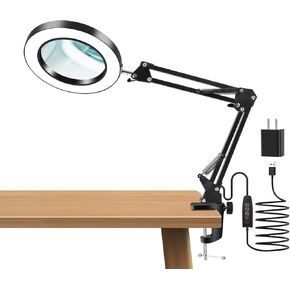 10X Magnifying Glass with Light and Clamp,Real Glass Lens,3 Color Modes,Stepless Dimmable,LED Magnifying Lamp for Reading Close Work Painting Craft Soldering Sewing Hobby
