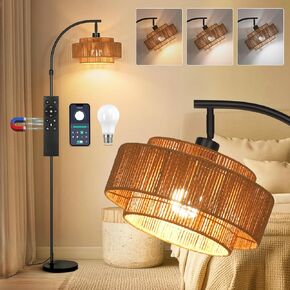 Floor Lamp Remote Dimmable: Remote and App Control - Led Bulb with 3 Color Temperatures - Boho Rattan Standing Lamp for Living Room and Bedroom