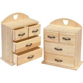 Pack of 2 Unfinished Wood box with Mini Drawers for Jewellery,Small Wooden Organizer Storage Box for Crafts Hobbies DIY Project