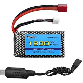 7.4V 1800mAh 2S 30C T-Plug Lipo Battery with USB Charger for WLTYOS K929-B A959-B 12401 9200 9200E 300E YC200 HM123 1/10,1/12,1/16 RC Car,Truck,High-Speed Car Batteries (1PCS Battery+USB)