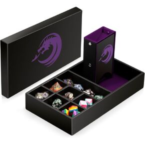 DNDND 3 in 1 DND Dice Tray Dice Tower and Dice Storage, Portable Rectangle Storage with Lid for Table Game Dungeons and Dragons D&D or Tabletop RGP Gaming (Red Velvet and Black PU Leather)