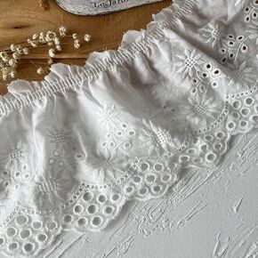2Yards Sun Flower Ruffled Eyelet Embroidery Cotton Pleated Lace Ribbon Fabric Trim Edge for Sewing Bridal,Baby Clothes,Blankets,Pillows,Ruffled,Cuffs,Skirt DIY Decorations (White)