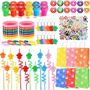 LiYiQ 122 Pcs Dog Paw Party Favors with Reusable Drinking Straws Paw Print Rubber Bracelets Keychains Stamps Dog Paw Button Pins and Gift Bags for Kids Dog Paw Birthday Party Supplies (Style 1)