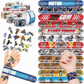 48PCS Dirt Bike Party Favors - 24PCS Tattoos & 24PCS Slap Bracelets, Motocross Bike Pattern, Ideal for Themed Birthday Parties, School Prizes, and Classroom Gift Exchange for Kids