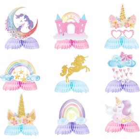 Unicorn Birthday Decorations, 9Pcs Rainbow Unicorn Honeycomb Centerpieces Party Table Decors for Kids Girls Baby Shower Birthday Party Supplies