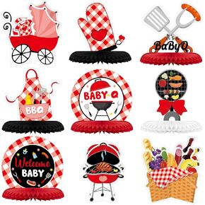 9 Pcs Baby Q Decorations BBQ Baby Shower Party Supplies Baby Q Shower Centerpieces for Tables Barbecue Party Honeycomb Centerpieces for Kids Birthday Outdoor Picnic Carnival Party, Red and Black