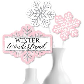 Big Dot of Happiness Pink Winter Wonderland - Holiday Snowflake Birthday Party or Baby Shower Centerpiece Sticks - Table Toppers - Set of 15