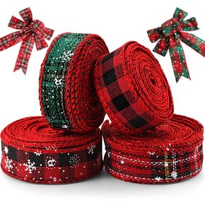 Christmas Ribbon, Ribbon for Christmas Tree, Snowflake Christmas Plaid Ribbon, Christmas Crafts, Home Wrapping Craft Decoration, Ribbons for Crafts, 24 Yards in Total, 6 Yards Each Roll, 1 Inch Width