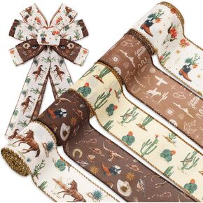 Western Cowboy Wired Edge Ribbon Wild West Horse Cactus Craft Ribbon Beige Brown Fabric Ribbon for Wreath Bow DIY Wrapping Party Decor, 5 Rolls, 30 Yard