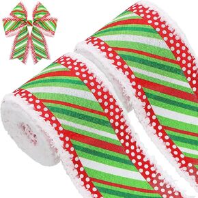 2.5 Inch 12 Yards Christmas Wired Ribbon Red Green White Stripes Xmas Ribbon for Tree Polyester Snowdrift Wired Edge Ribbon for Gift Wrapping DIY Christmas Tree Bows Wreaths Craft Decoration
